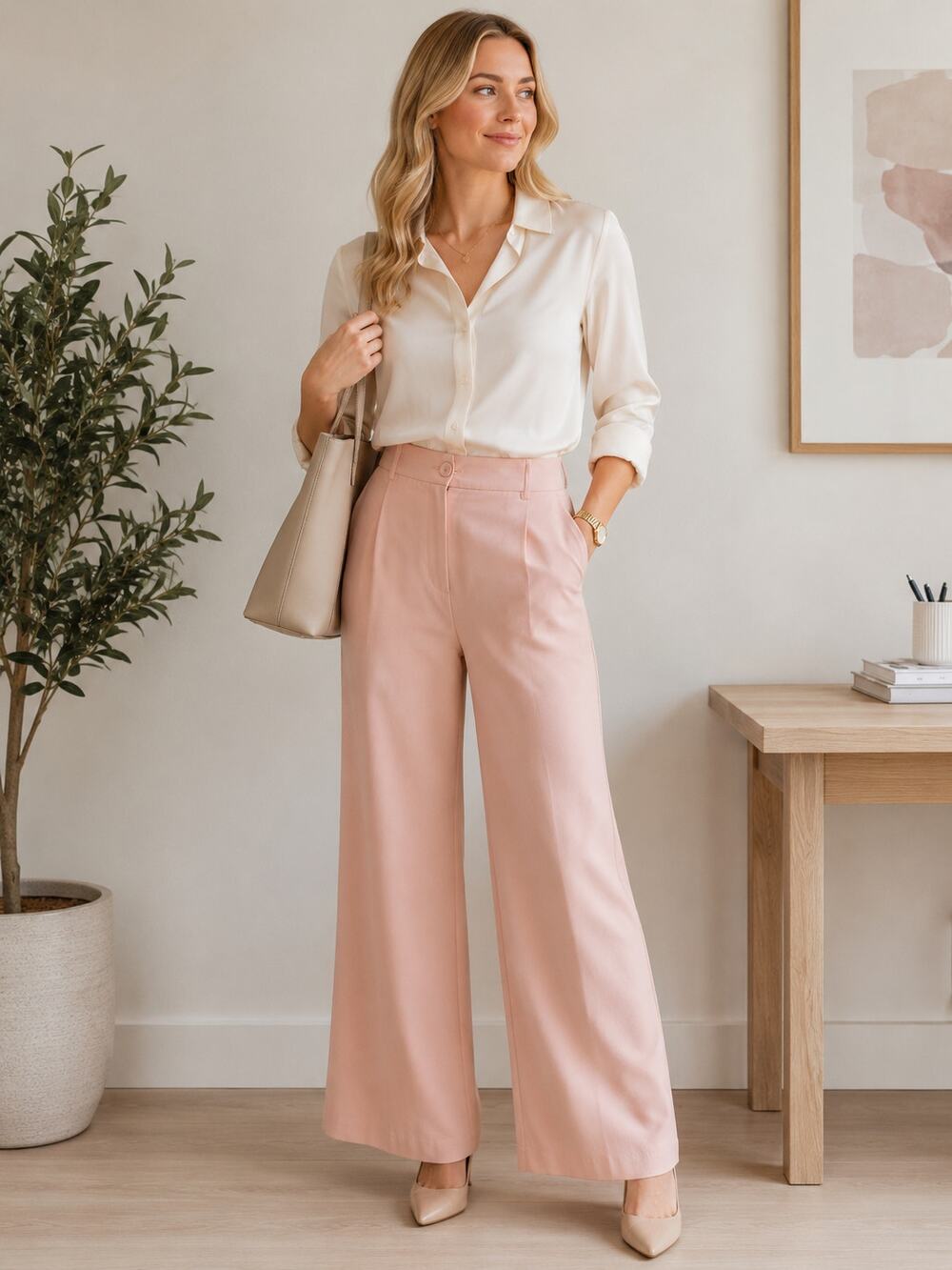 LR4214 Stradivarius Wide Leg Dress Pants Size 4 Blush Pink High Rise Career